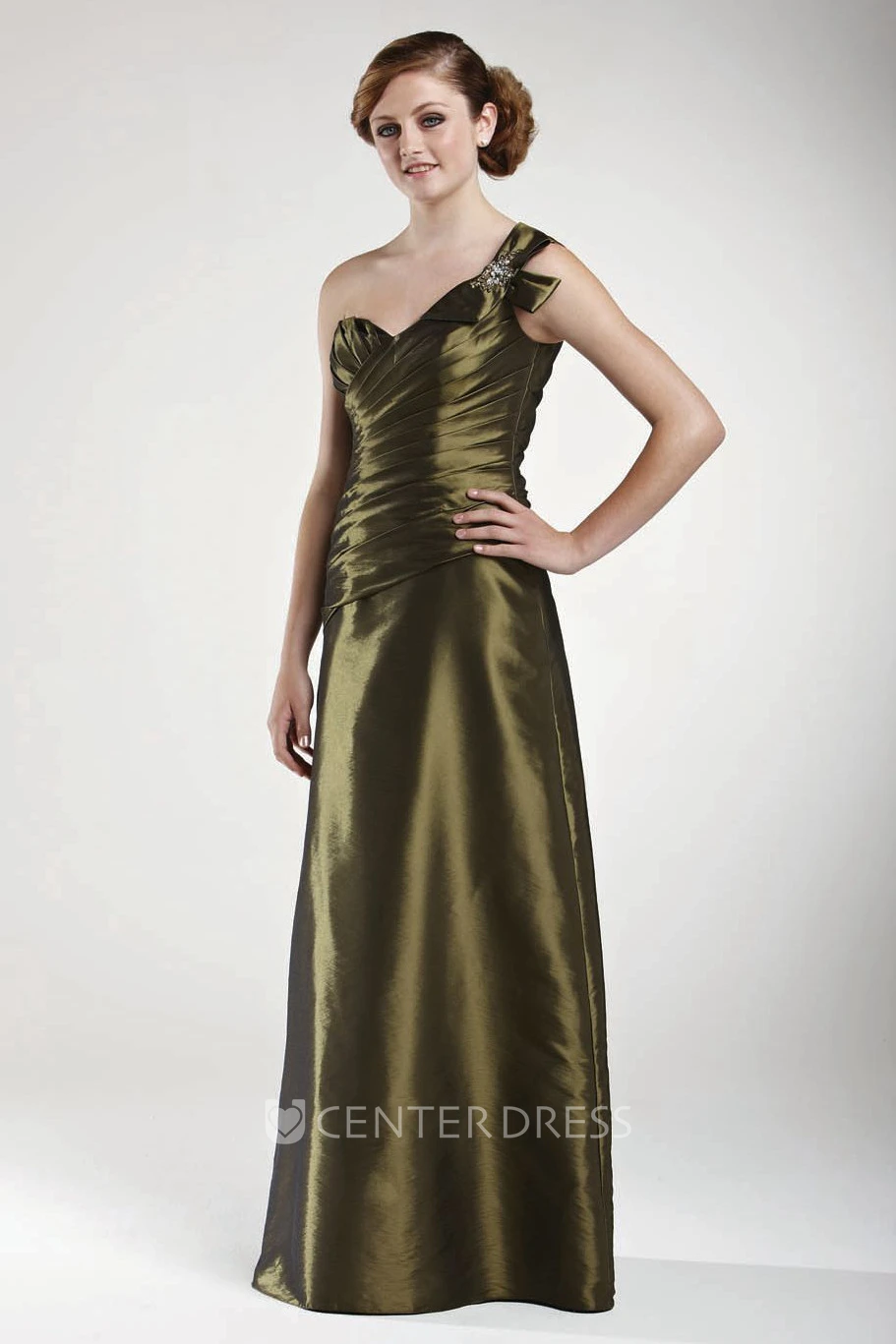 Sheath One-Shoulder Long Ruched Sleeveless Satin Bridesmaid Dress With Epaulet