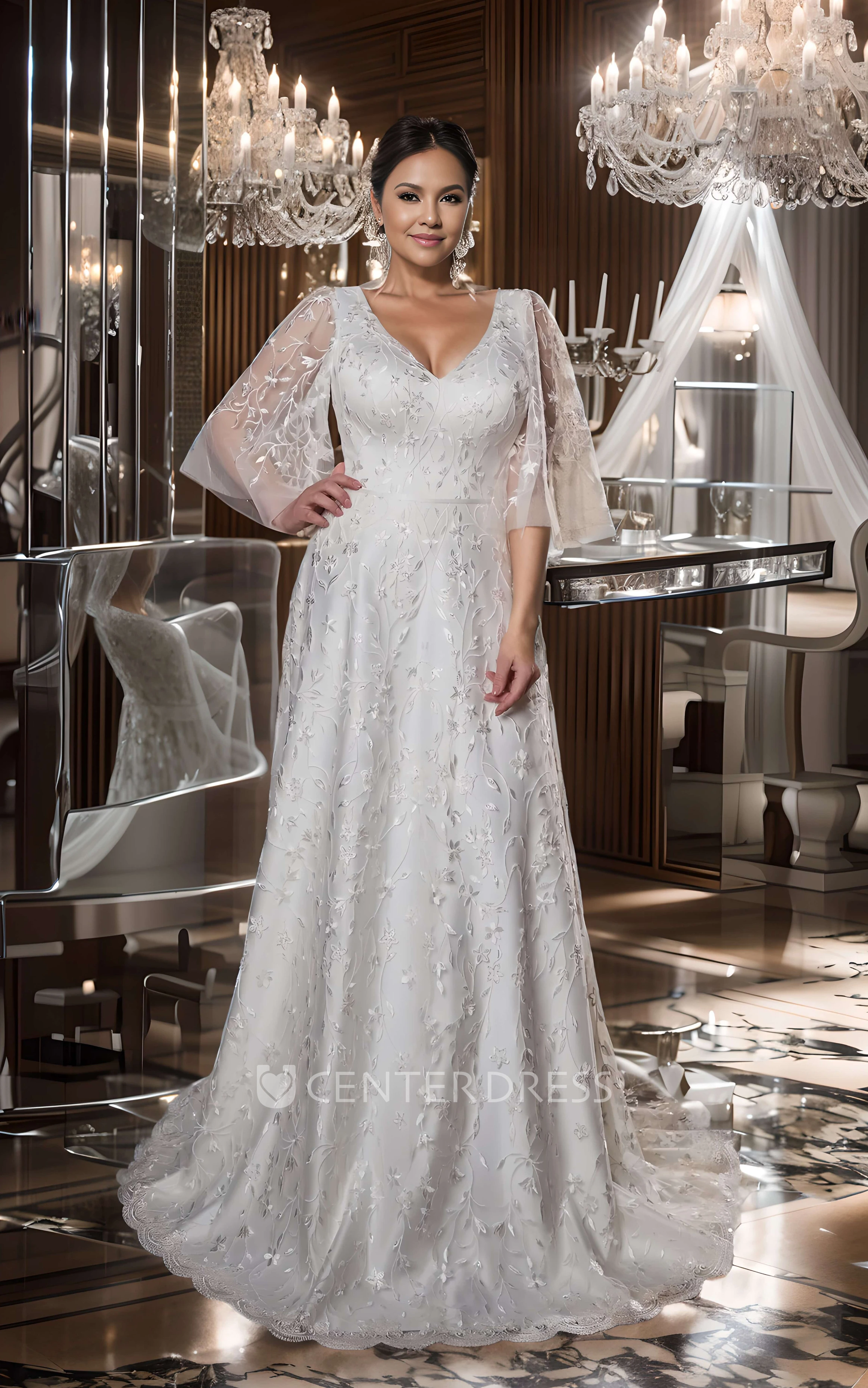 Floral Vintage A-Line V-neck Lace Tulle Warm Bridal Dress Romantic Elegant Big Bust Floor-length Long Bat Sleeve Low-V Back Wedding Gown with Sash