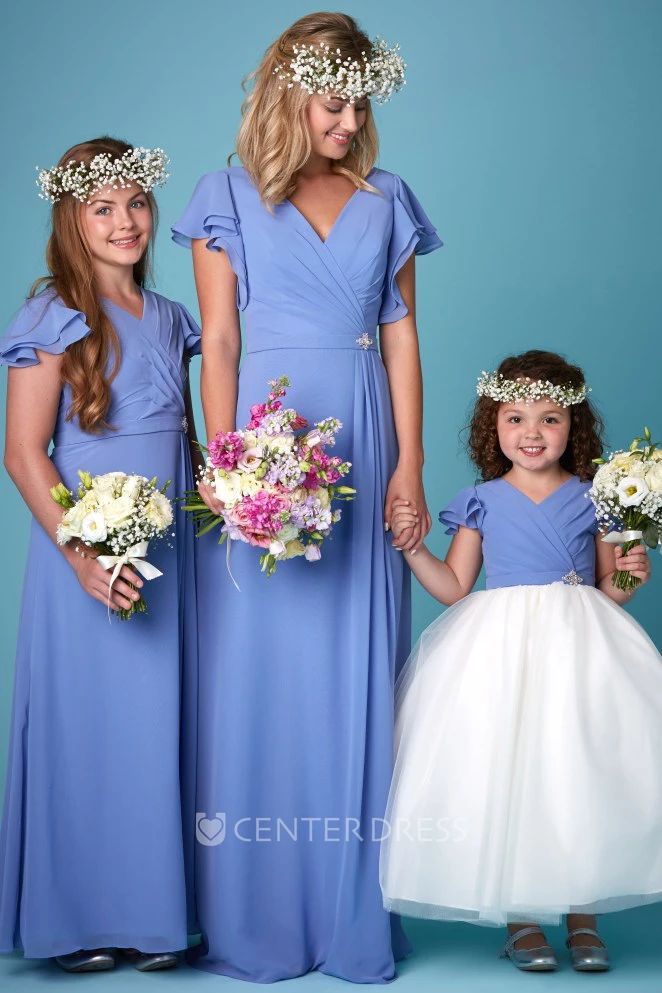 Draped Petal Sleeve V-Neck Chiffon Bridesmaid Dress