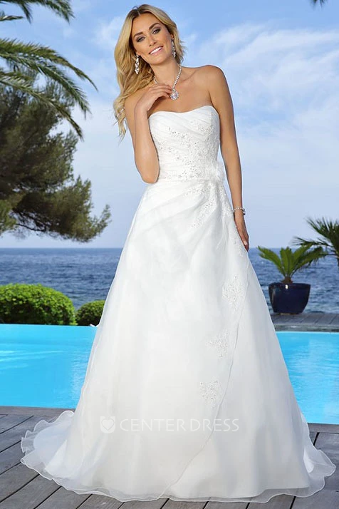 Strapless Floor-Length Appliqued Draped Satin Wedding Dress With Flower And Cape