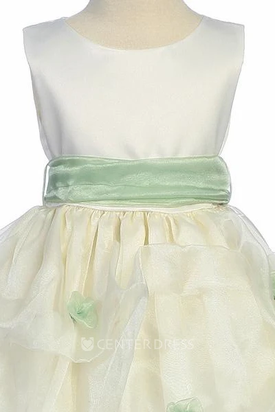 Tea-Length Ruched Organza&Satin Flower Girl Dress
