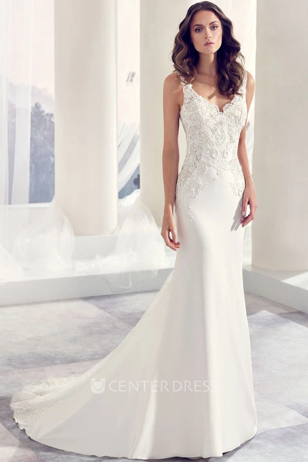 V-Neck Floor-Length Appliqued Chiffon Wedding Dress With Court Train And V Back
