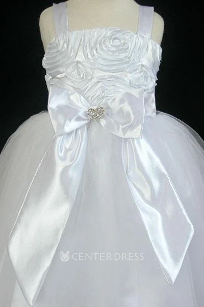 Tea-Length Embroideried Bowed Split-Front Tulle&Satin Flower Girl Dress With Sash