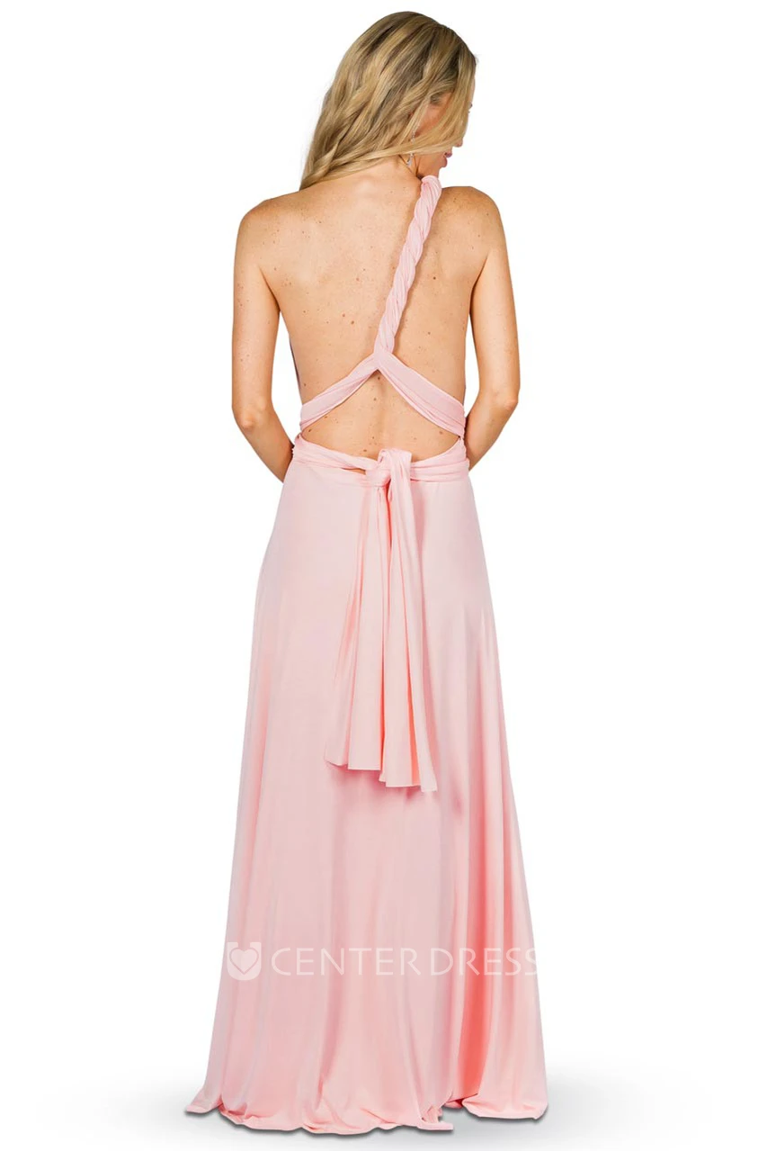 Sleeveless Long V-Neck Chiffon Convertible Bridesmaid Dress With Straps