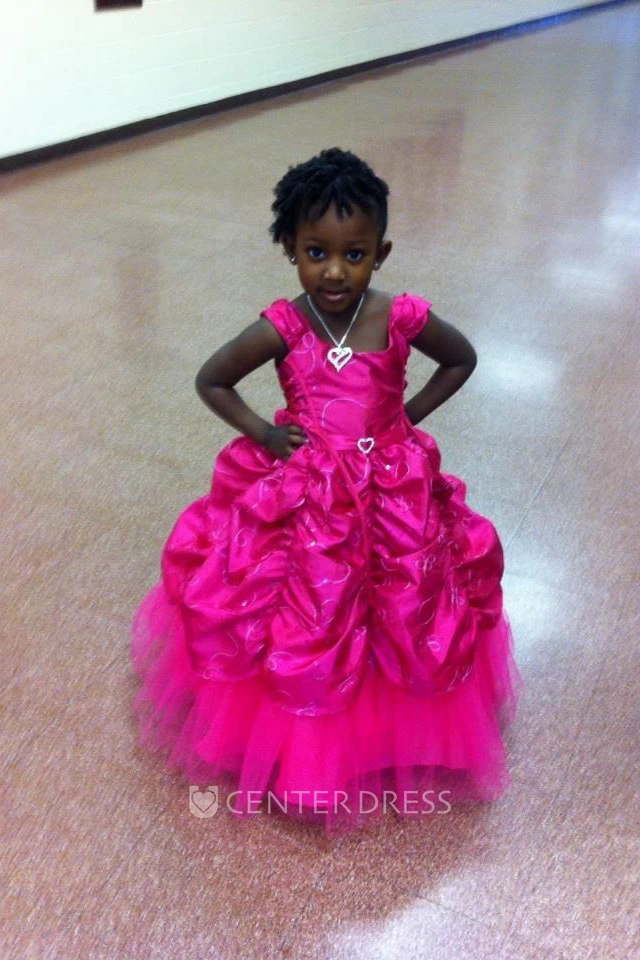 Ankle-Length Tiered Embroideried Lace&Taffeta Flower Girl Dress With Broach