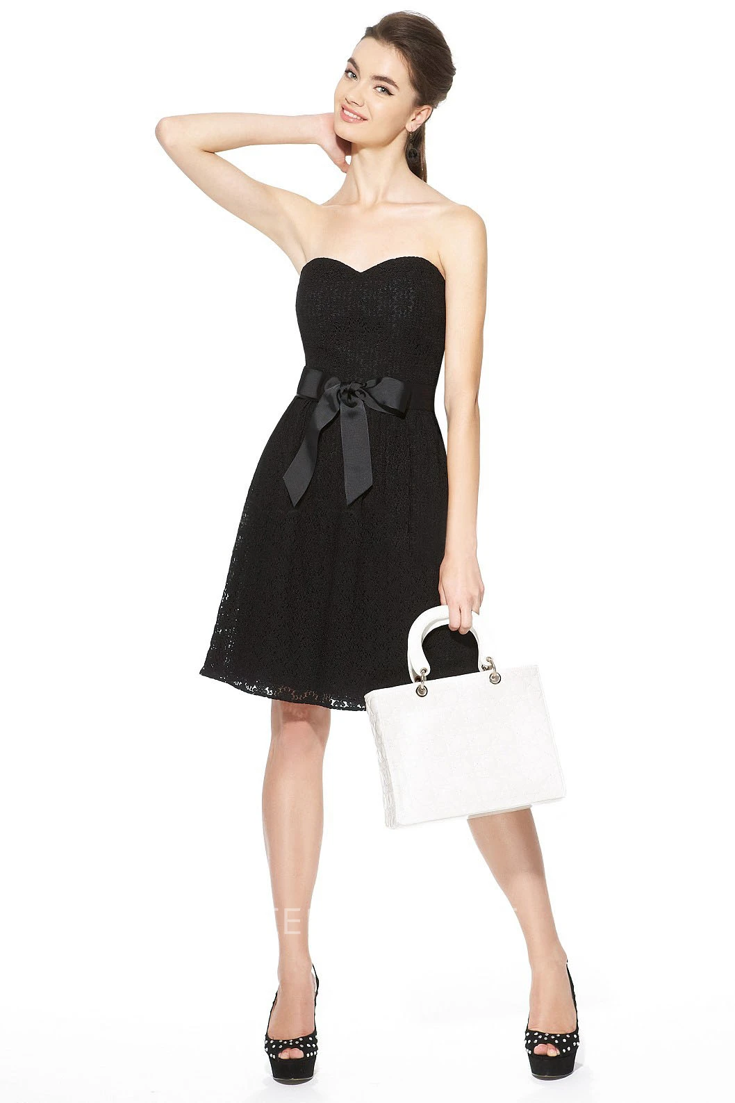 Sweetheart A-Line Knee-Length Lace Bridesmaid Dress With Bow Tie