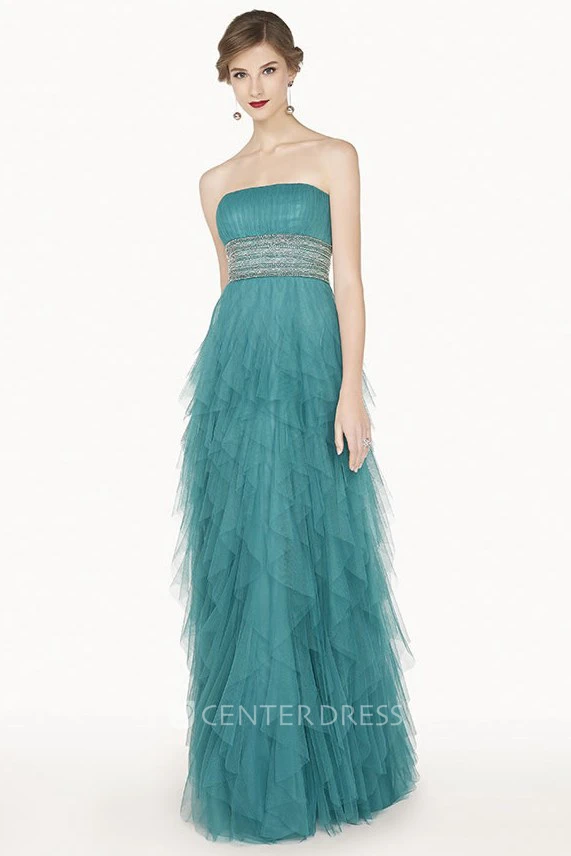 Empire Crystal Waist Strapless Long Tulle Prom Dress With Tiered Skirt