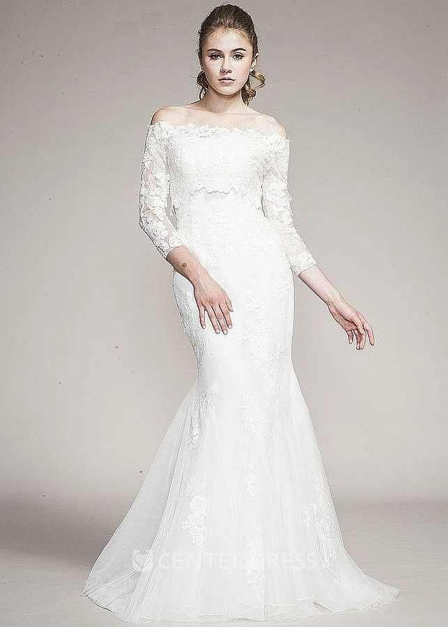 Mermaid Long-Sleeve Off-The-Shoulder Tulle&Lace Wedding Dress With Court Train