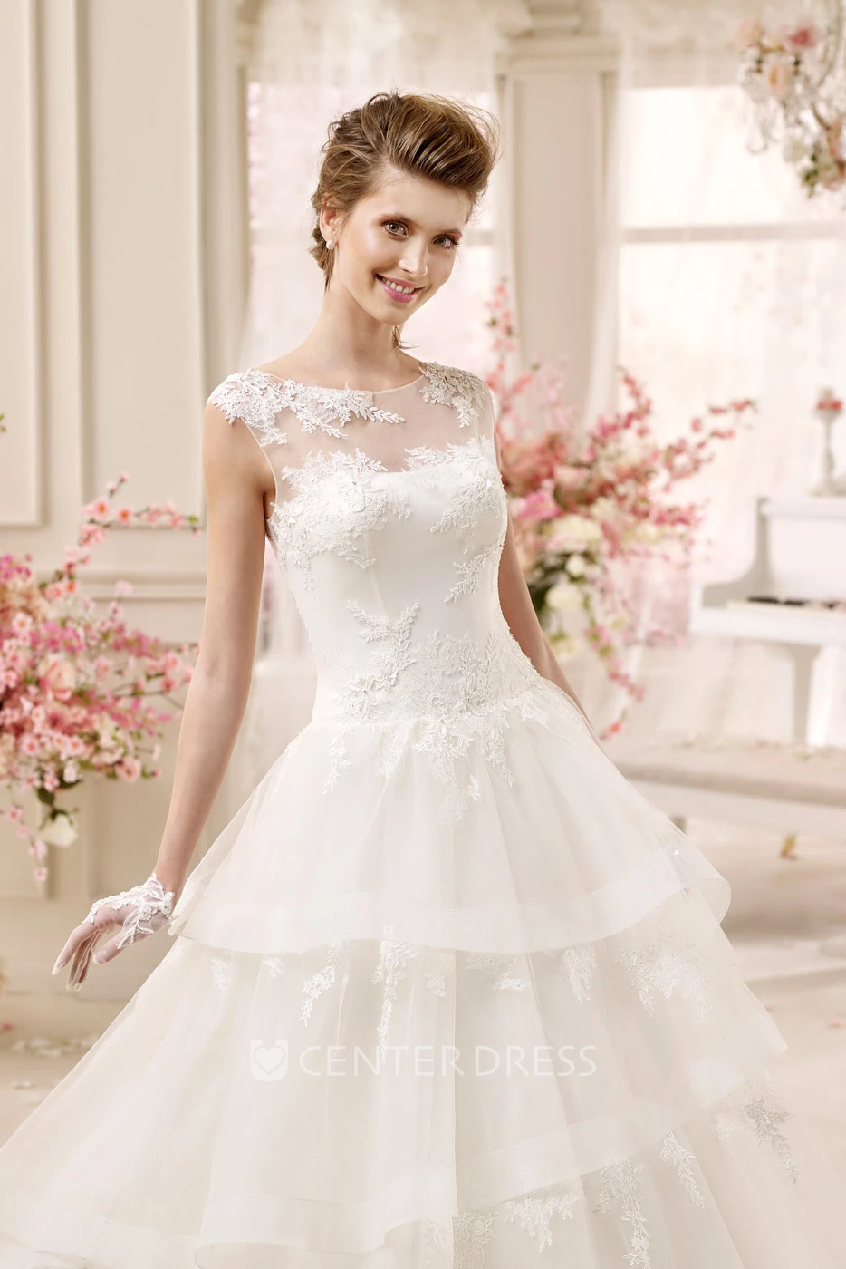 Cap sleeve A-line Wedding Dress with Tiers Skirt and Illusive Design