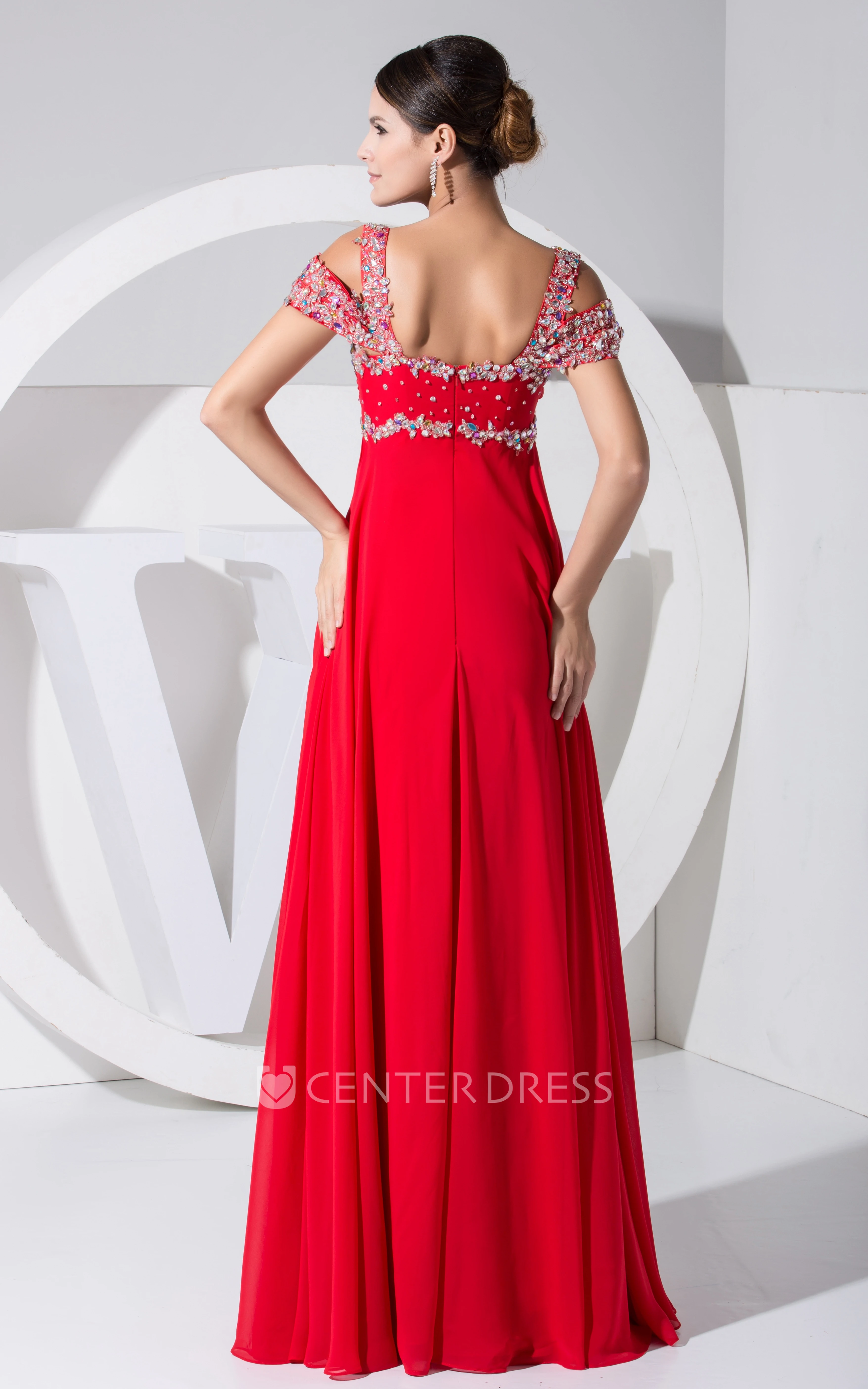 Off Shoulder Empire Chiffon Long Formal Dress With Beading