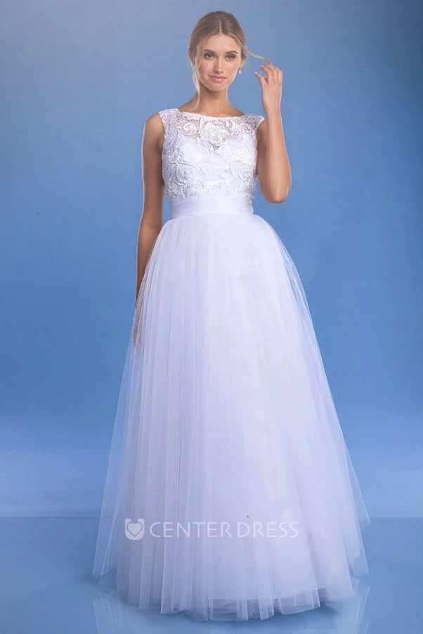 A-Line Bateau Sleeveless Floor-Length Tulle&Lace Wedding Dress With Keyhole Back