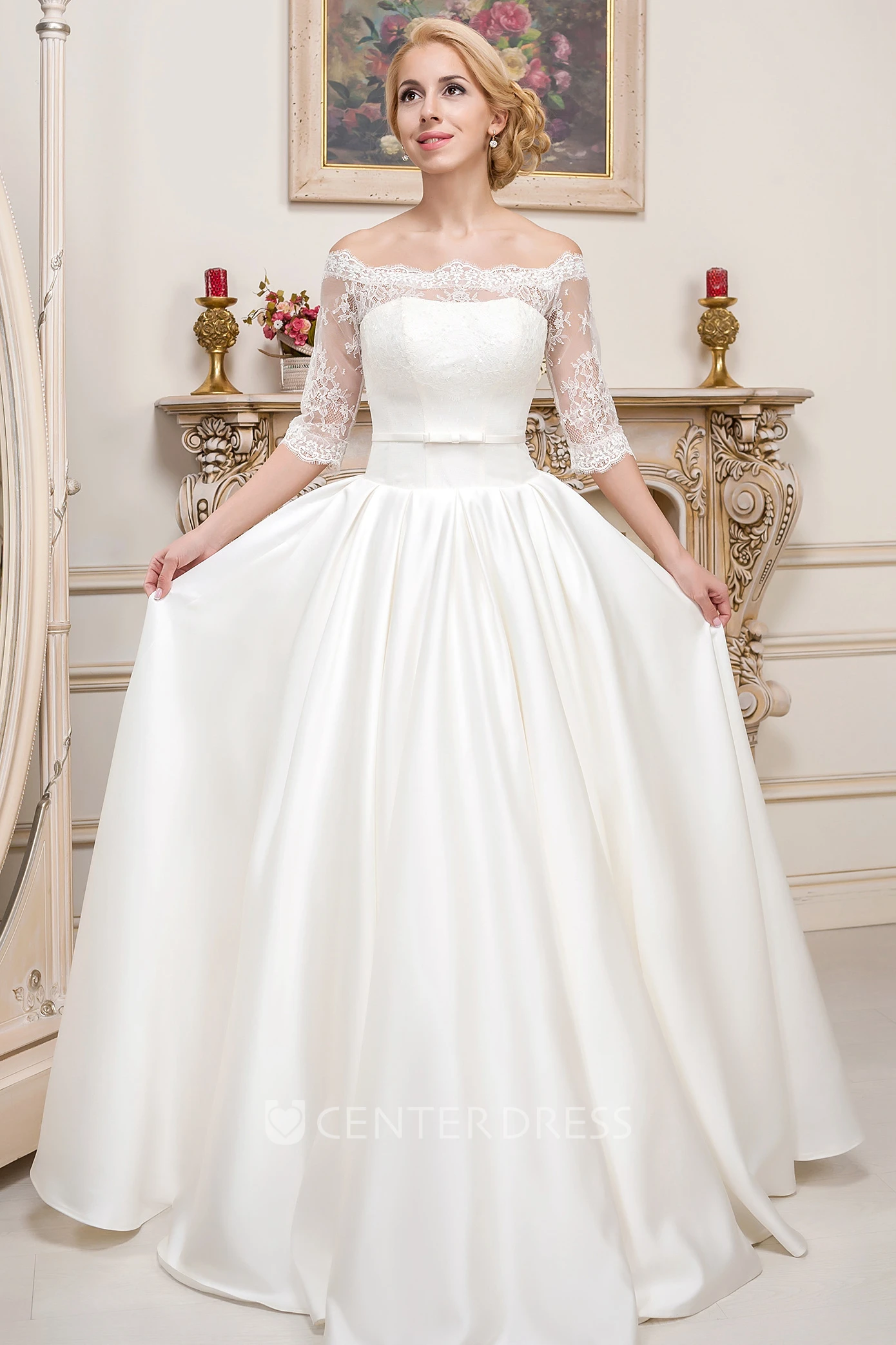 Off-The-Shoulder Floor-Length Half-Sleeve Lace Satin Wedding Dress