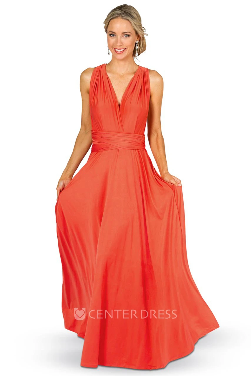 Maxi Ruched Sleeveless V-Neck Chiffon Convertible Bridesmaid Dress With Straps