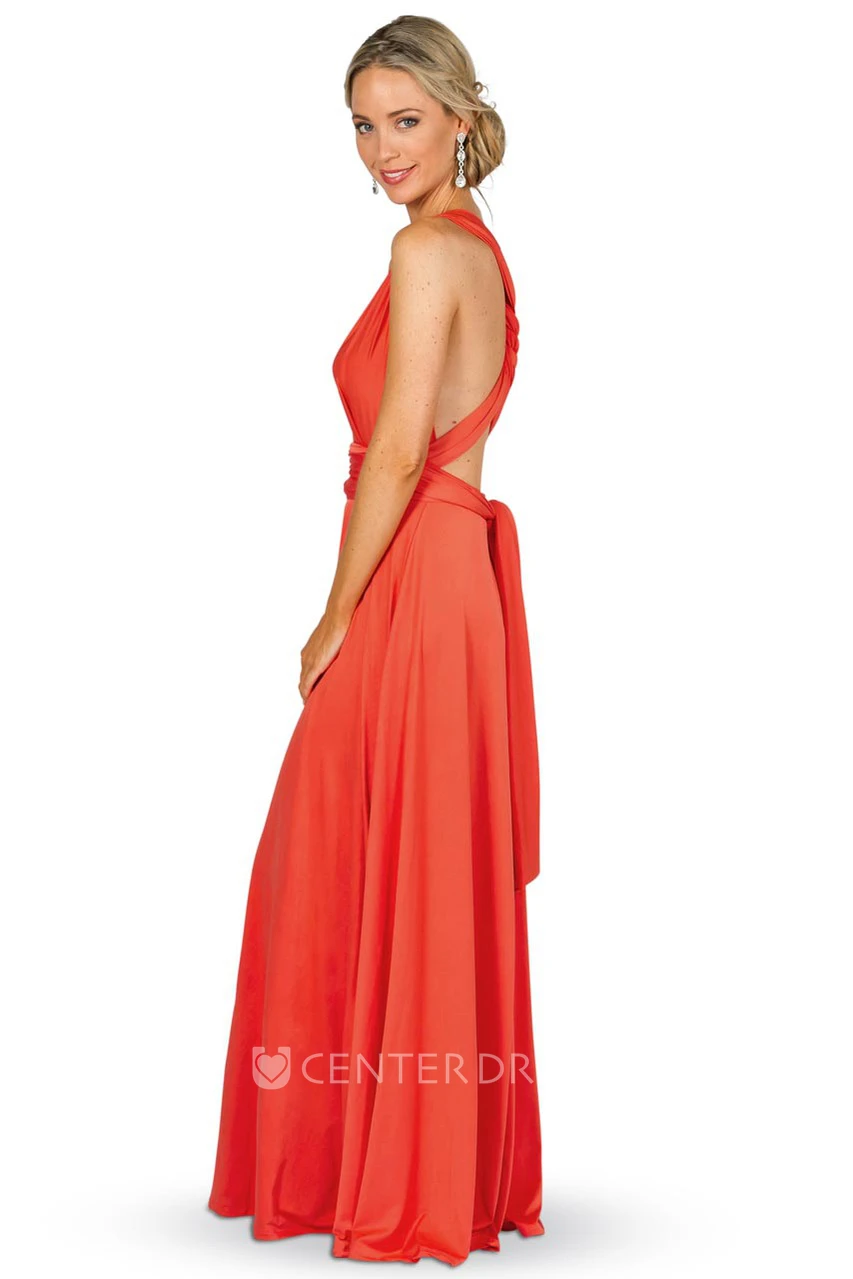 Maxi Ruched Sleeveless V-Neck Chiffon Convertible Bridesmaid Dress With Straps