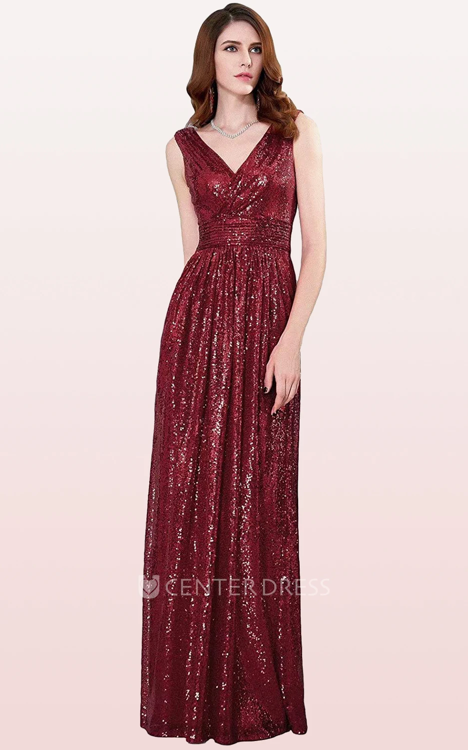 Sequins Floor-length V-neck A Line Sleeveless Bridesmaid Dress With Ruching
