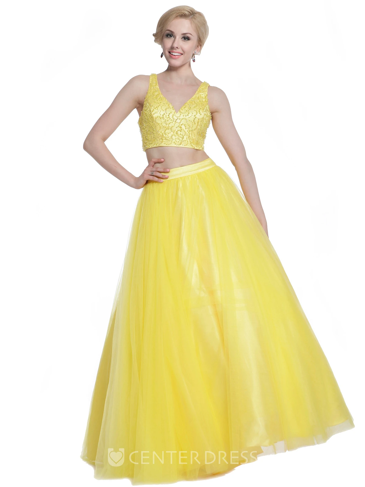 A-Line Floor-Length V-Neck Sleeveless Satin Zipper Dress With Beading