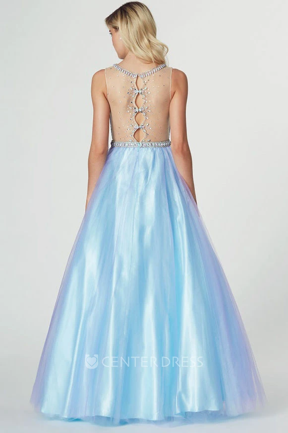 A-Line High Neck Ruched Sleeveless Tulle Prom Dress