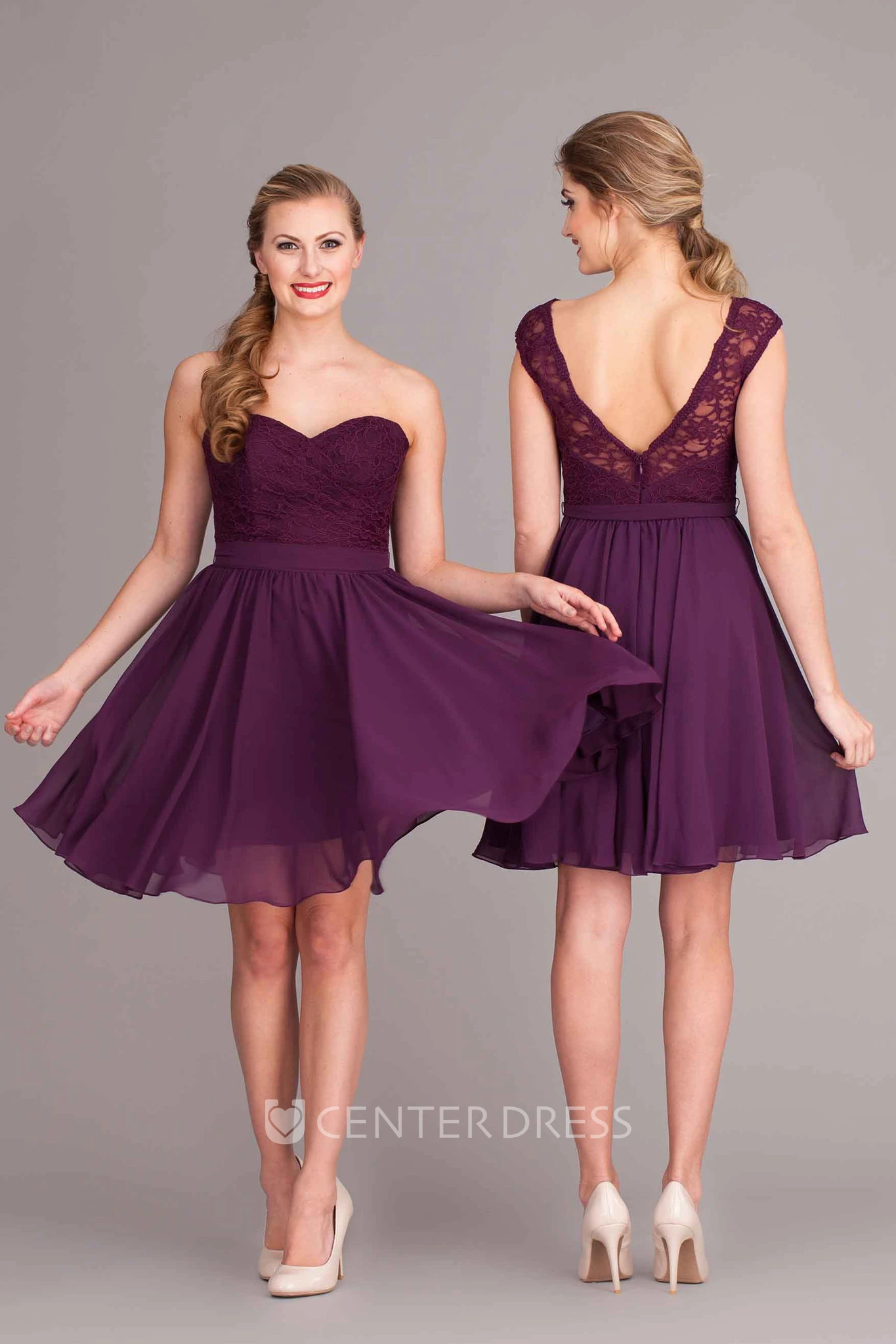 Mini A-Line Sleeveless Sweetheart Lace Chiffon Bridesmaid Dress With Bow