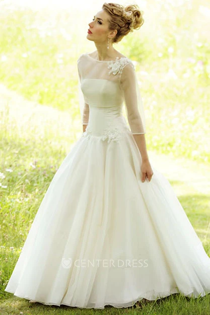 Floor-Length Scoop Long-Sleeve Floral Chiffon Wedding Dress