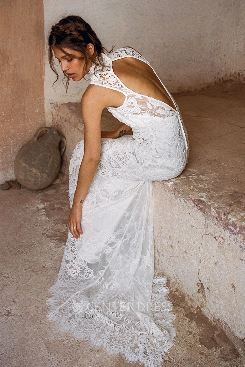 Sexy Lace High Neck Sleeveless Keyhole Back Bridal Gown