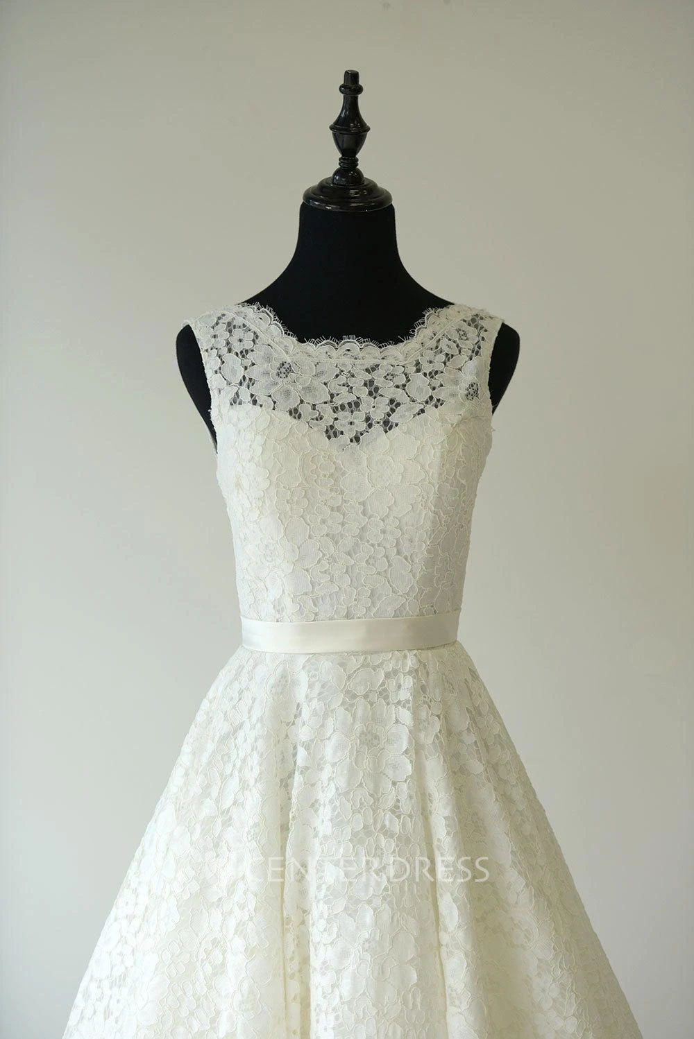 Sleeveless Sheer Neckline Tea Length Garden Bridal Dress With Waistband