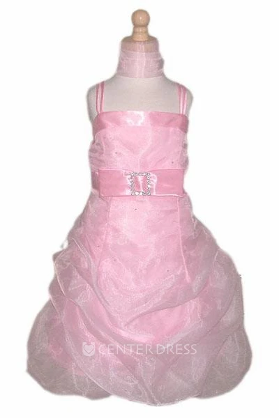 Cape Short Beaded Floral Organza Flower Girl Dress With Sash