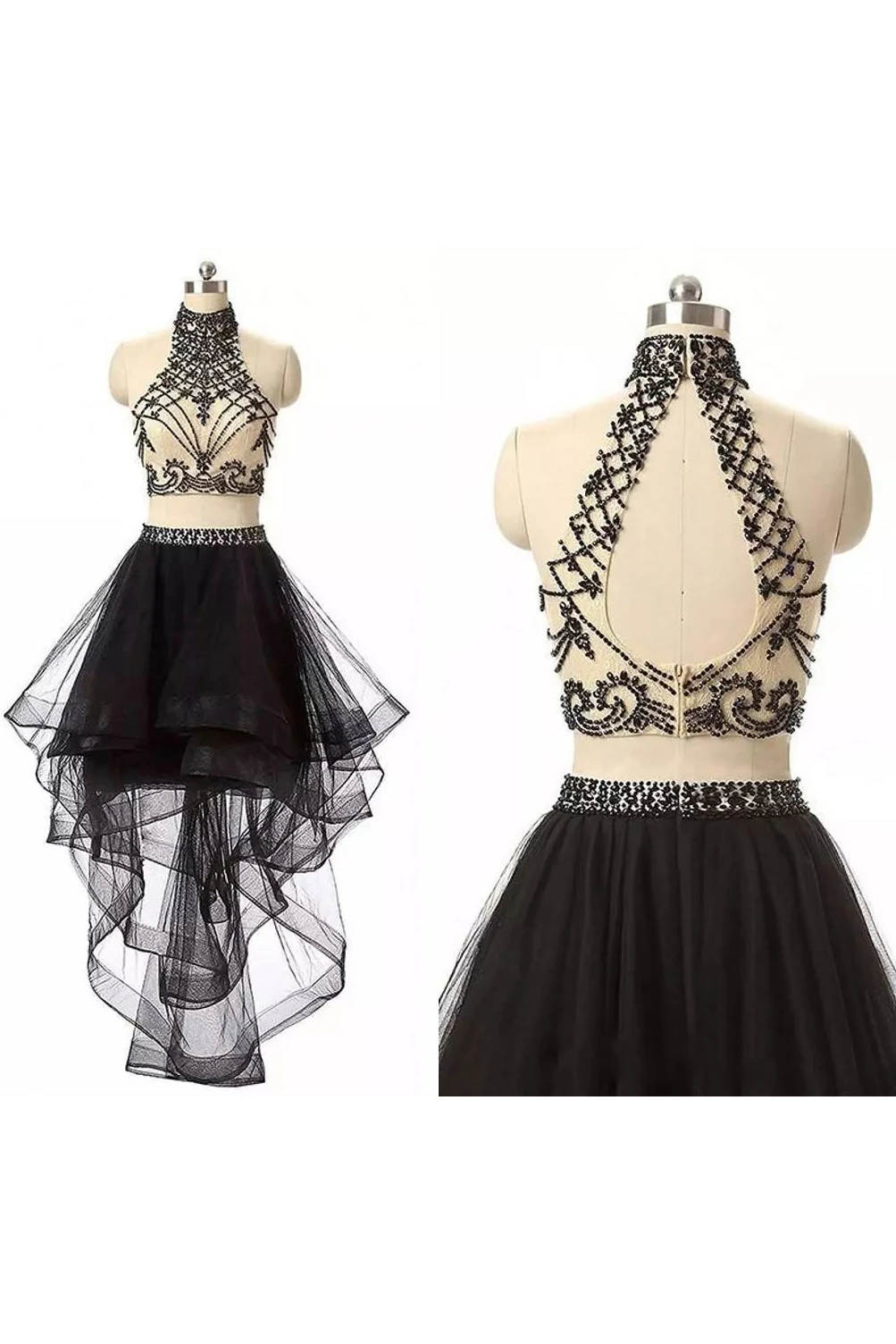 Two Piece High-low Sleeveless High Neck Beading Pleats Ruffles Tulle Homecoming Dress