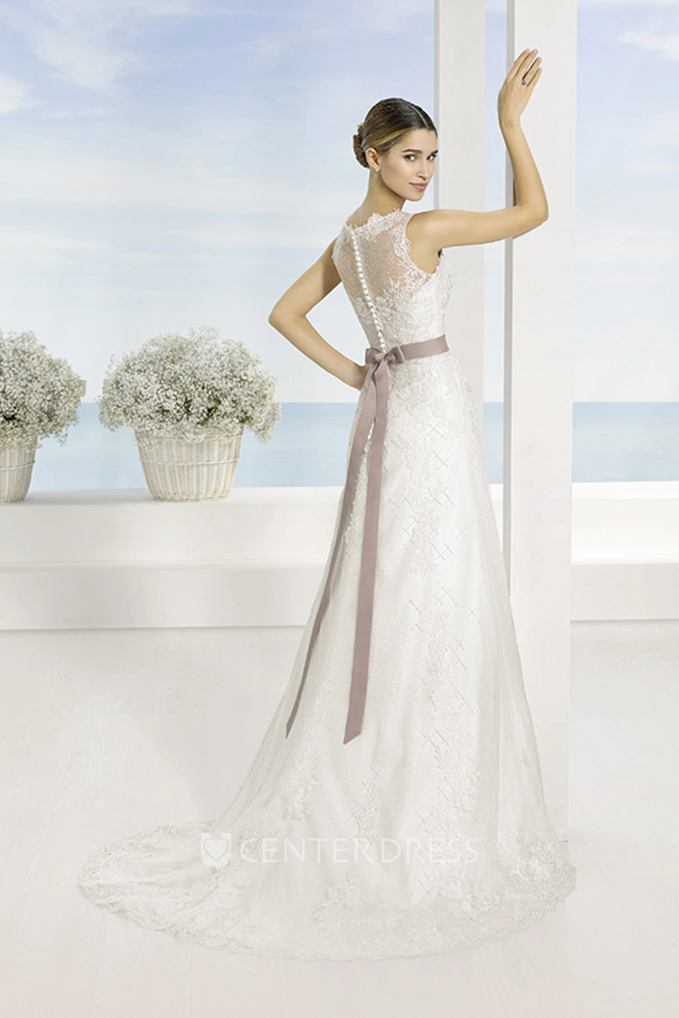 A-Line Sleeveless Appliqued Bateau Floor-Length Lace Wedding Dress With Bow And Illusion Back