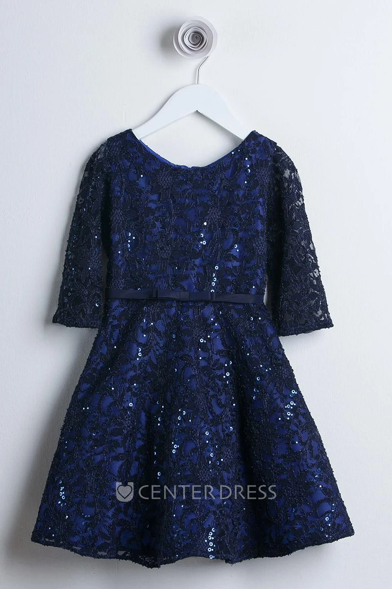 Tiered Bowed Lace&Sequins Flower Girl Dress With Sash