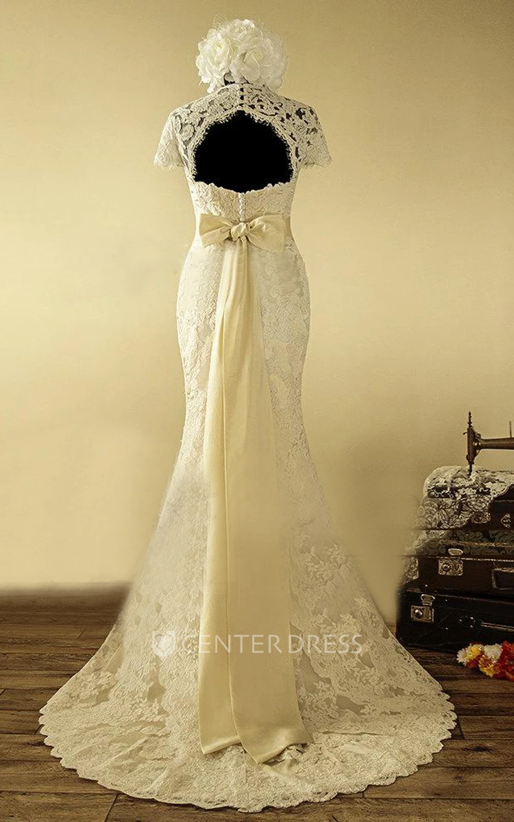 V-Neck Keyhole Back Mermaid Lace Wedding Dress With Sash And Flower