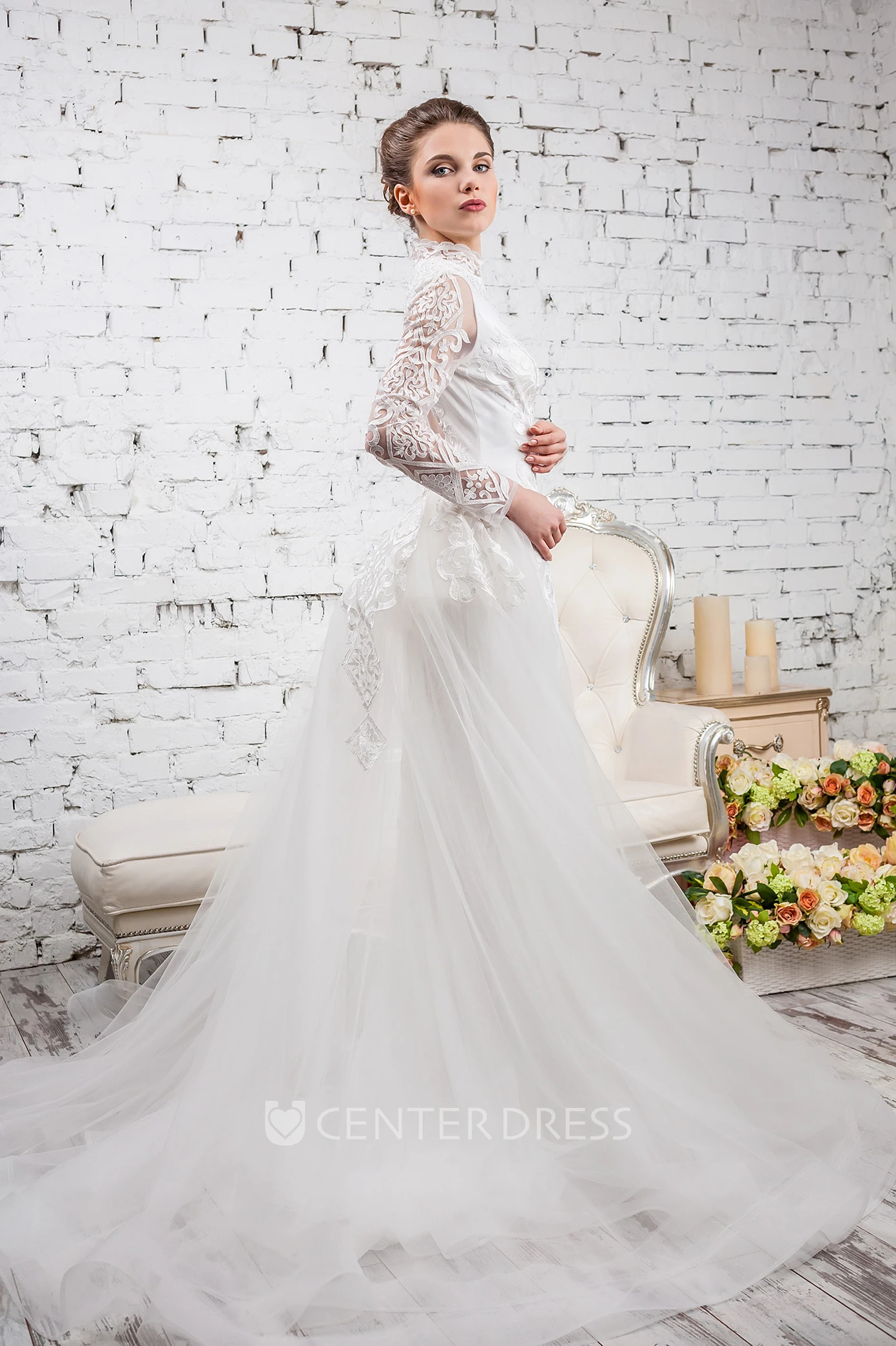 Sheath High Neck Floor-Length Long-Sleeve Lace&Tulle Wedding Dress With Appliques