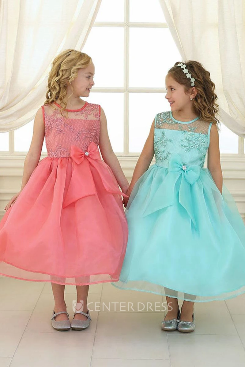 Tea-Length Bowed Floral Lace&Organza Flower Girl Dress With Illusion