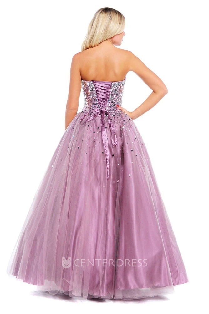 Ball Gown Strapless Sequined Tulle Prom Dress With Beading And Bow