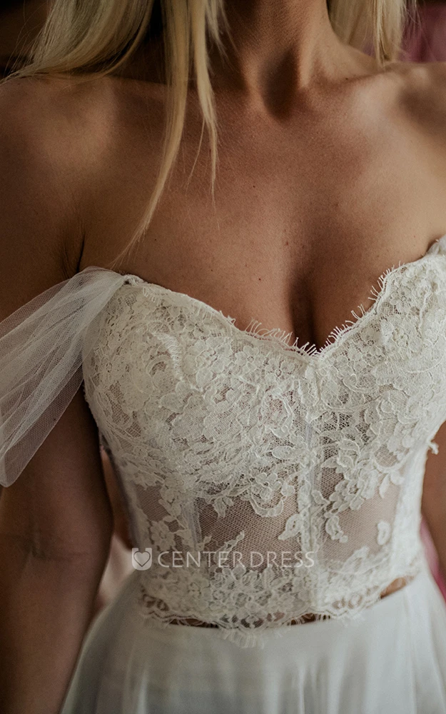 Two Piece Lace Spring Wedding Dress with Cross Back Front Split Romantic Bridal Dress