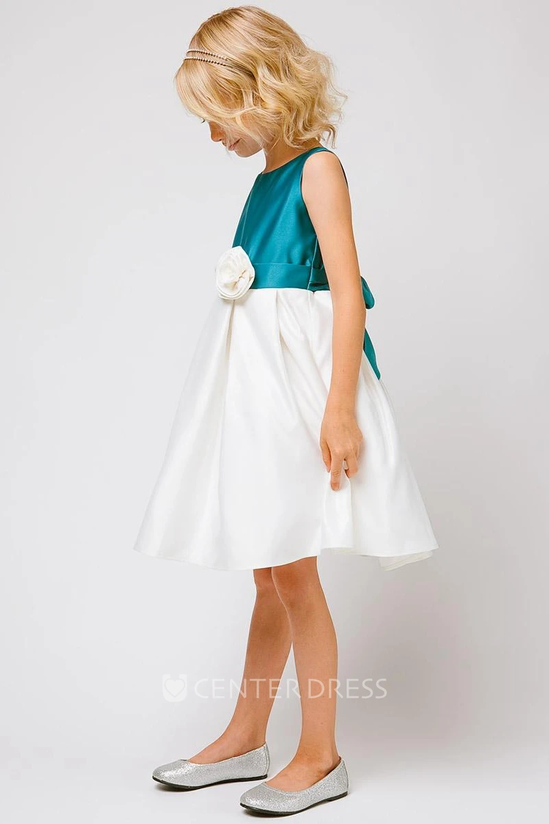 Floral Floral Pleated Satin Flower Girl Dress With Ribbon