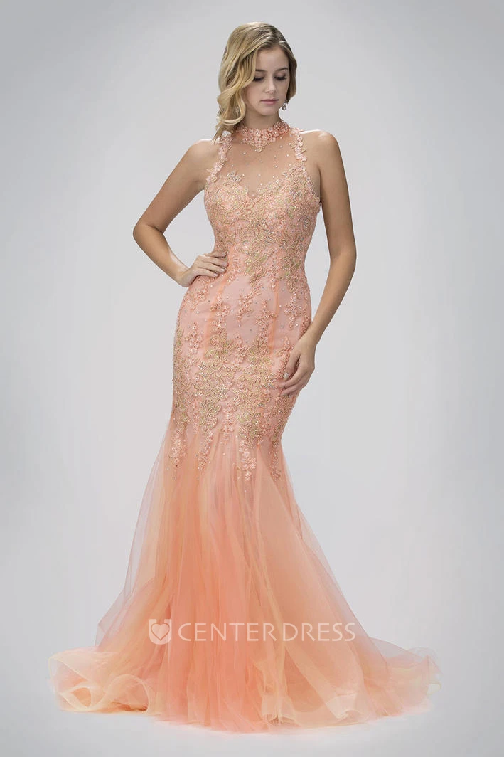 Mermaid High Neck Sleeveless Tulle Illusion Dress With Appliques