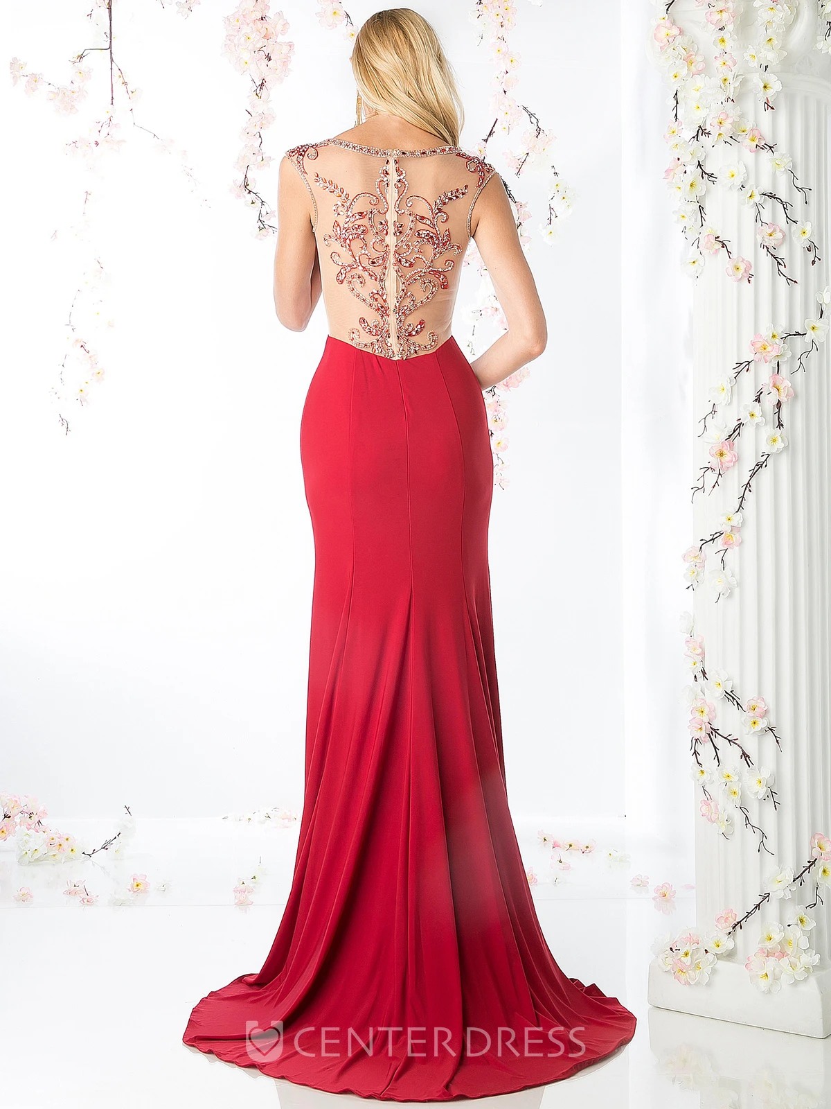 Sheath Maxi V-Neck Cap-Sleeve Jersey Illusion Dress With Beading And Pleats