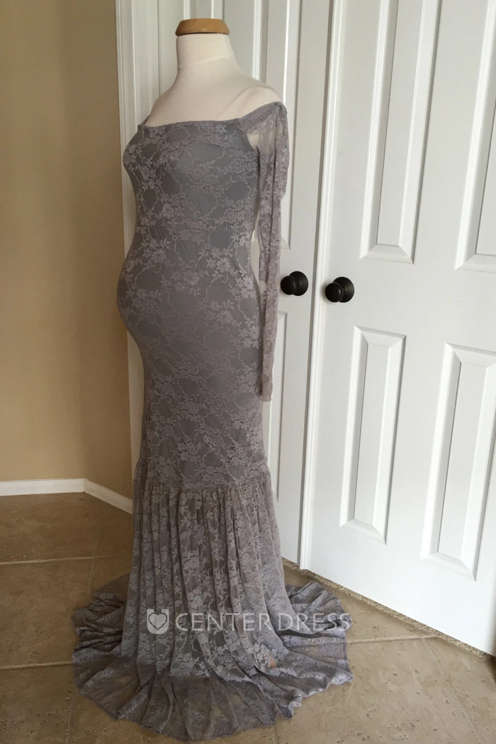 Mermaid Lace Off-the-shoulder Long Sleeve Lace Maternity Dress
