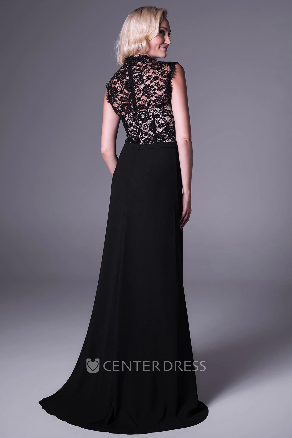 Sheath High-Neck Maxi Split-Front Sleeveless Chiffon&Lace Prom Dress