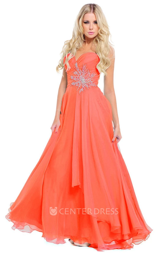 A-Line Sleeveless Sweetheart Criss-Cross Floor-Length Chiffon Prom Dress With Draping And Appliques