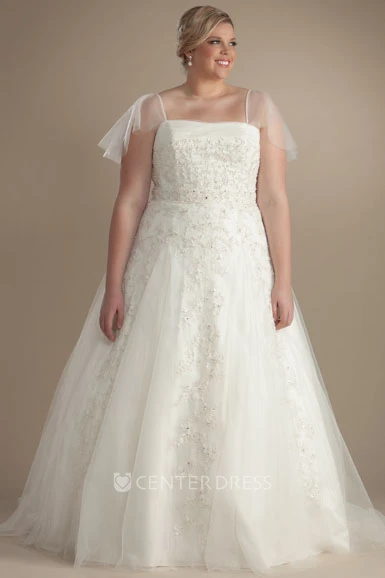 Ball Gown Maxi Spaghetti Poet-Sleeve Appliqued Tulle Plus Size Wedding Dress With Beading