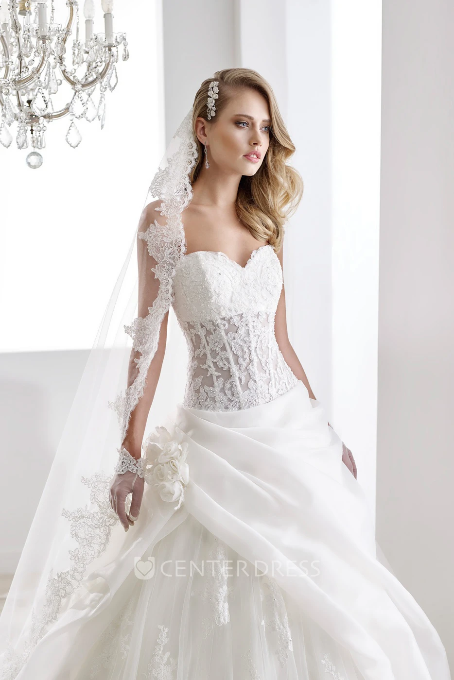 Sweetheart A-line Wedding gown with Lace Corset and Side Draping Ruffles 