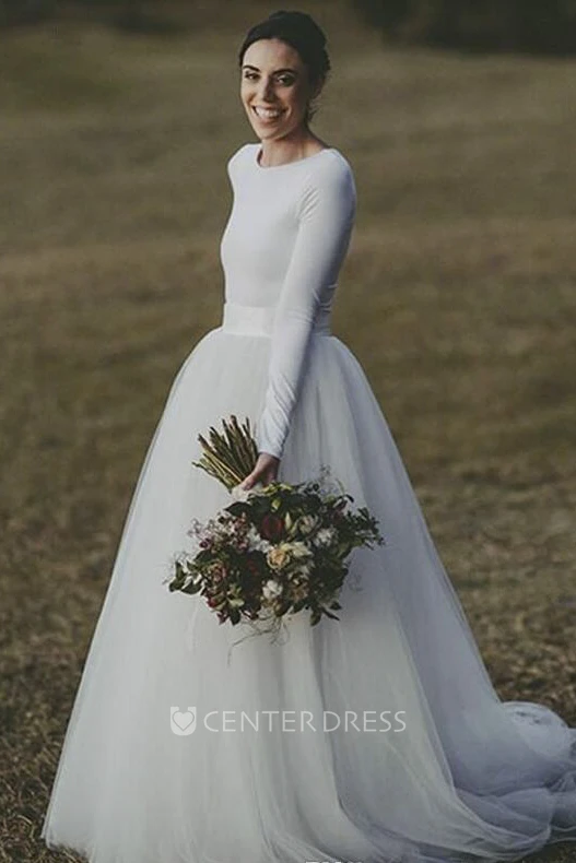 Elegant Fitted Modest Jersey Long Sleeve Tulle Bridal Gown