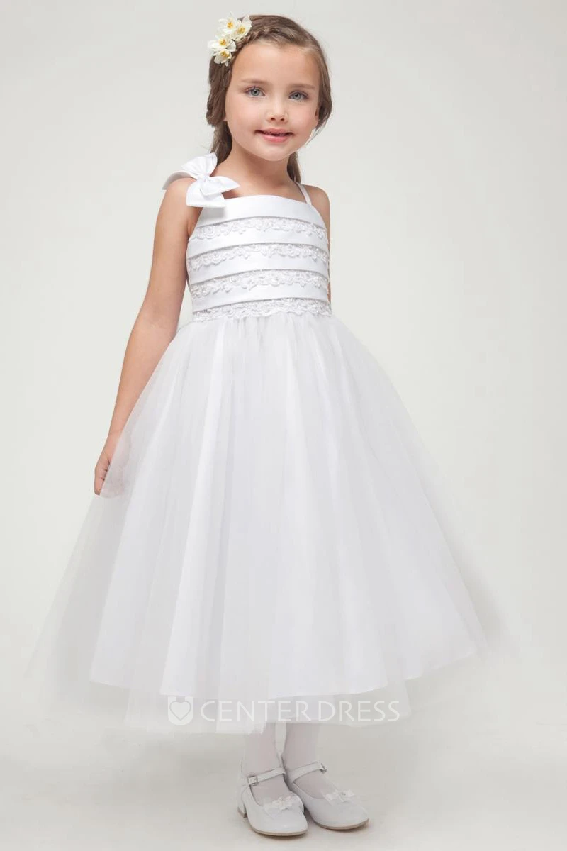 Split Tea-Length Split-Front Bowed Tulle&Satin Flower Girl Dress With Embroidery