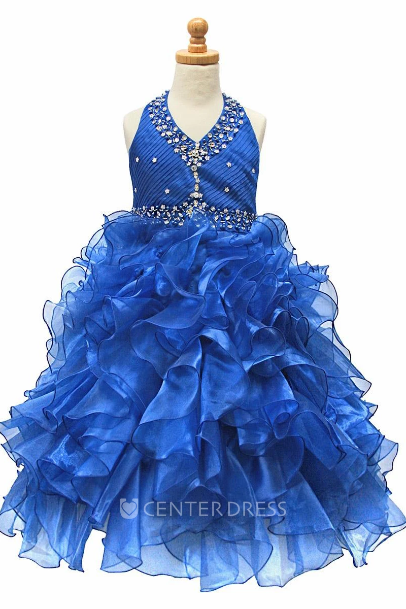Tea-Length Ruffled Natural Tiered Beaded Sequins&Organza Flower Girl Dress With Sash
