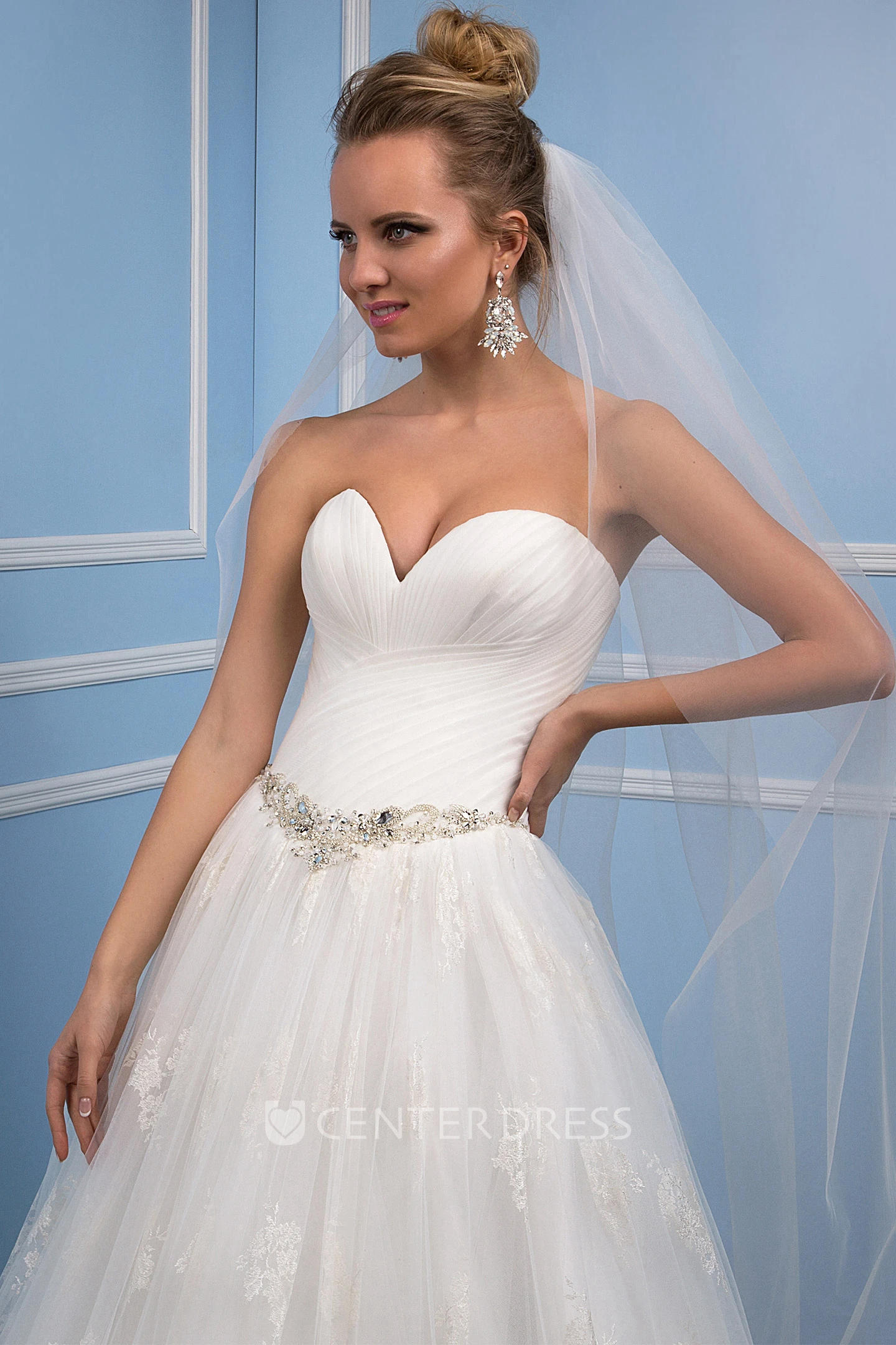 Ball Gown Ruched Sweetheart Tulle Wedding Dress With Waist Jewellery