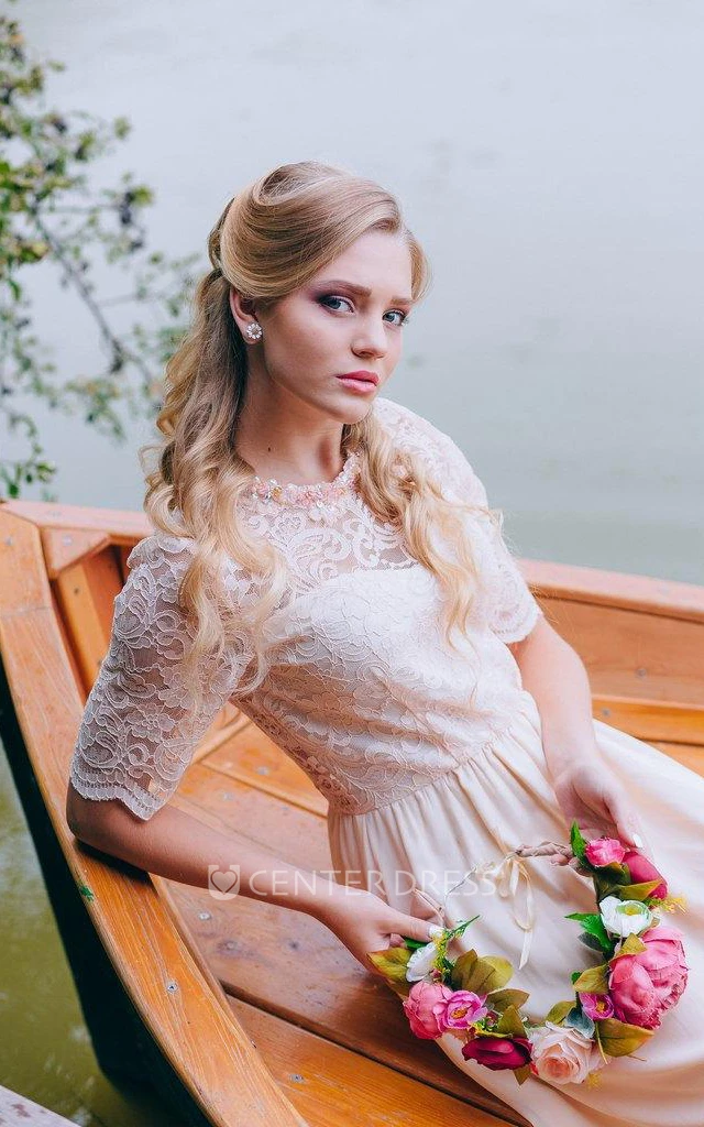Boho Blush Ankle Length A-Line Chiffon Wedding Dress With Lace Bodice
