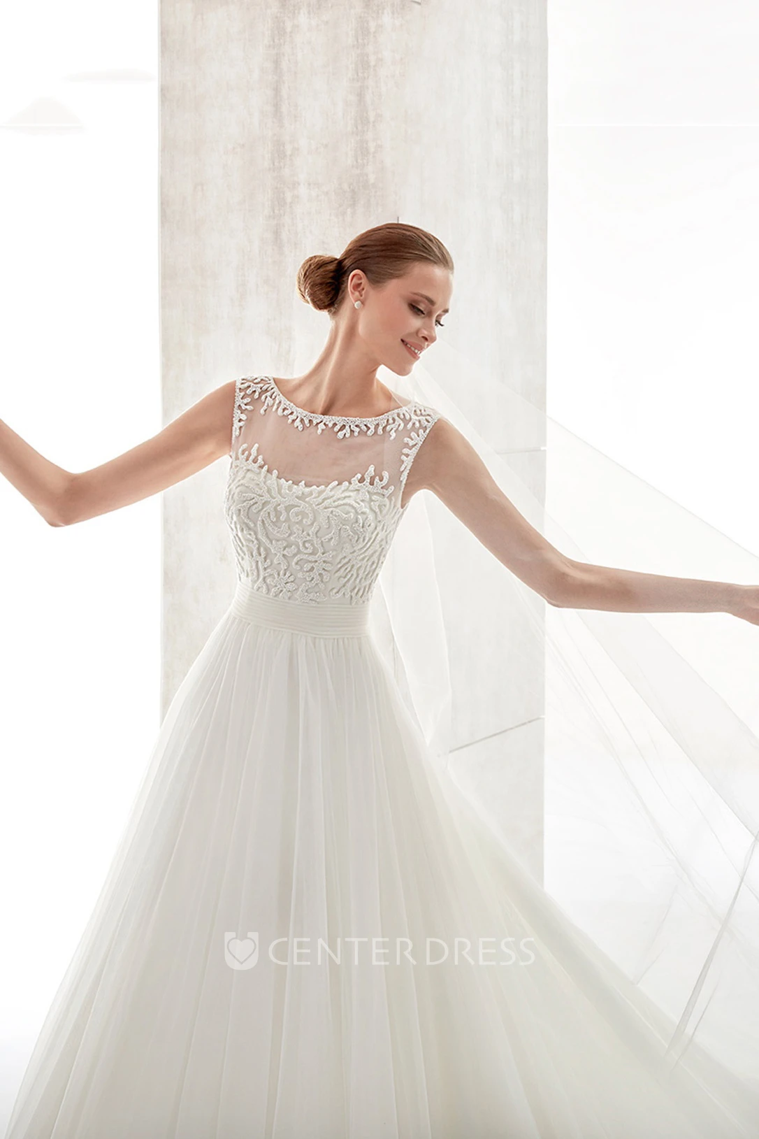 Jewel-Neck Cap-Sleeve A-Line Gown With Lace Bodice And Illusive Neckline And Back