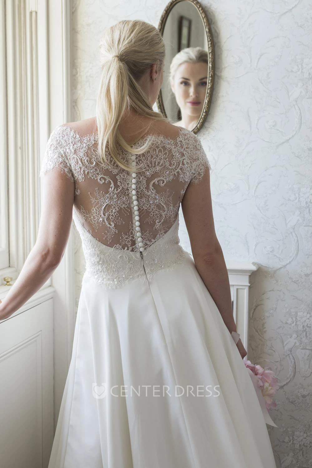 A-Line Cap-Sleeve Bateau-Neck Satin Wedding Dress With Lace And Illusion