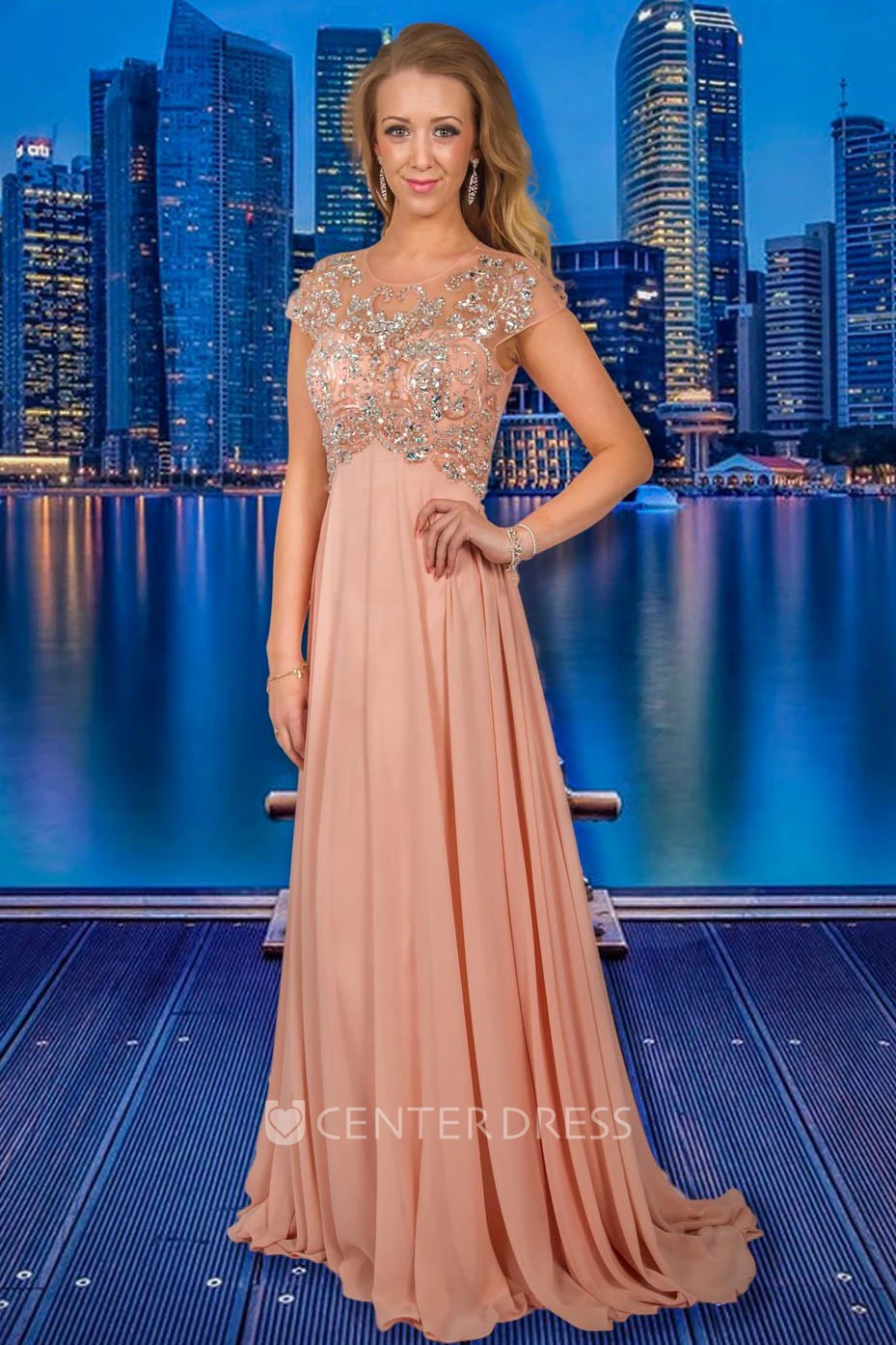 A-Line Beaded Maxi Scoop-Neck Cap-Sleeve Chiffon Prom Dress With Pleats